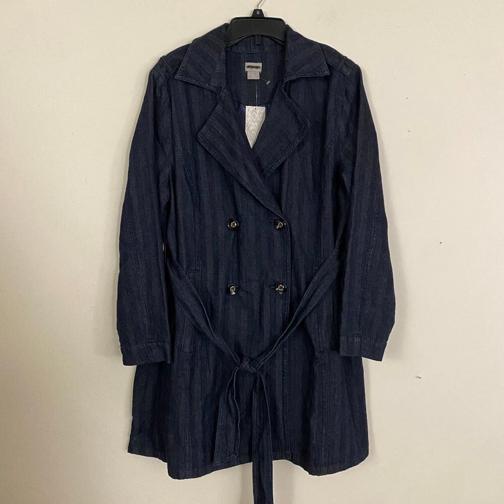 Chico’s  Denim Trench Coat Jacket Cotton Linen L - Picture 8 of 12